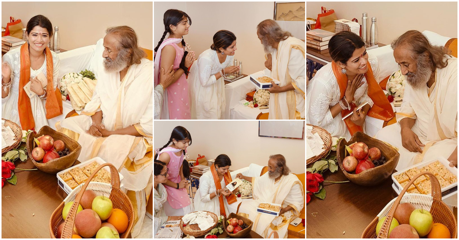Amrutha Suresh And Family With Gurudev Sri Sri Ravi Shankar